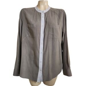 Soft Surroundings Silk Blouse Taupe Blue Colorblock Button Down Top Large 25897